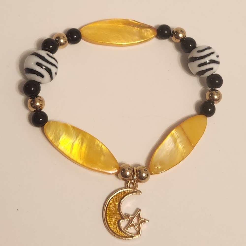 Yellow moon charm zebra beaded bracelet